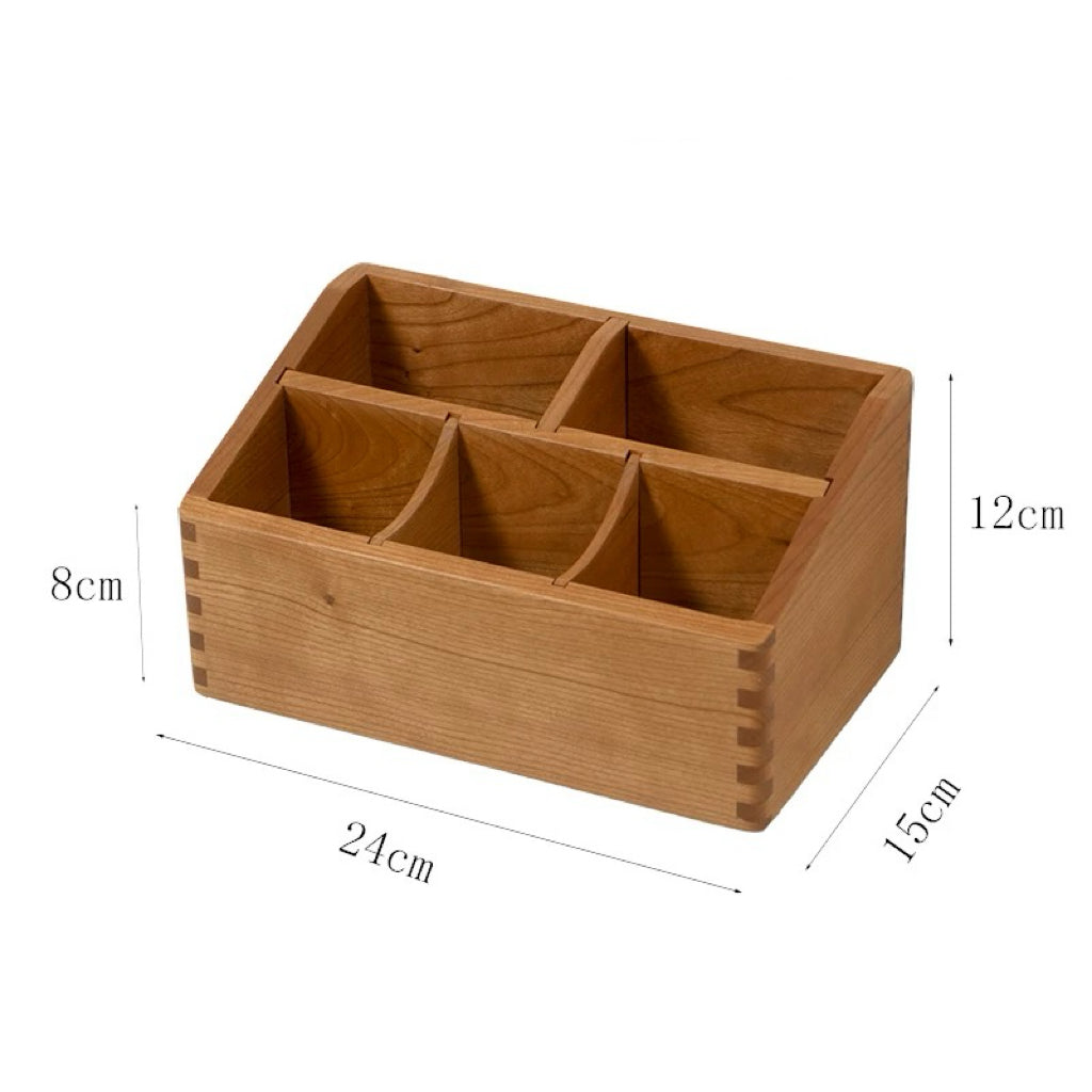 Pivo Black Walnut Remote & Desktop Organizer Box on wooden table