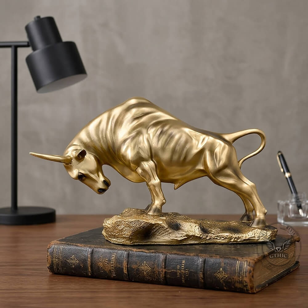 Gold Charging Bull Statue | Smooth Tabletop Figurine