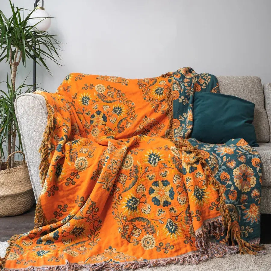 Elegant Floral Throw Blanket | Woven Fringed Edges