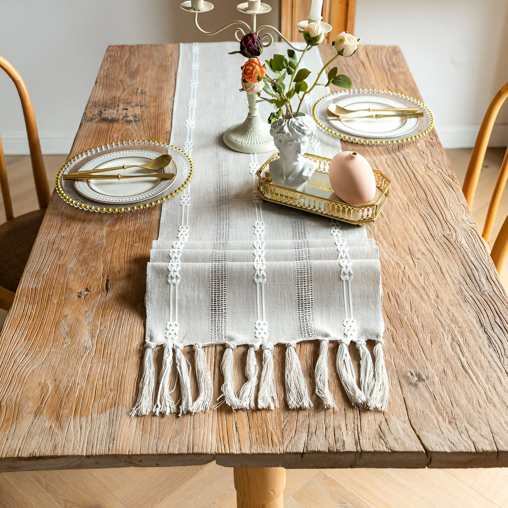 Blue Striped Table Runner | Fabric with Tassels