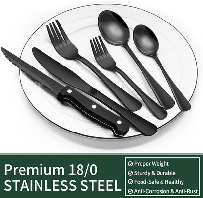 24-Piece Black Stainless Steel Cutlery Set-Round edge-State of Style