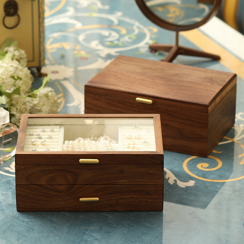 Walnut Jewelry Box with Sliding Drawers