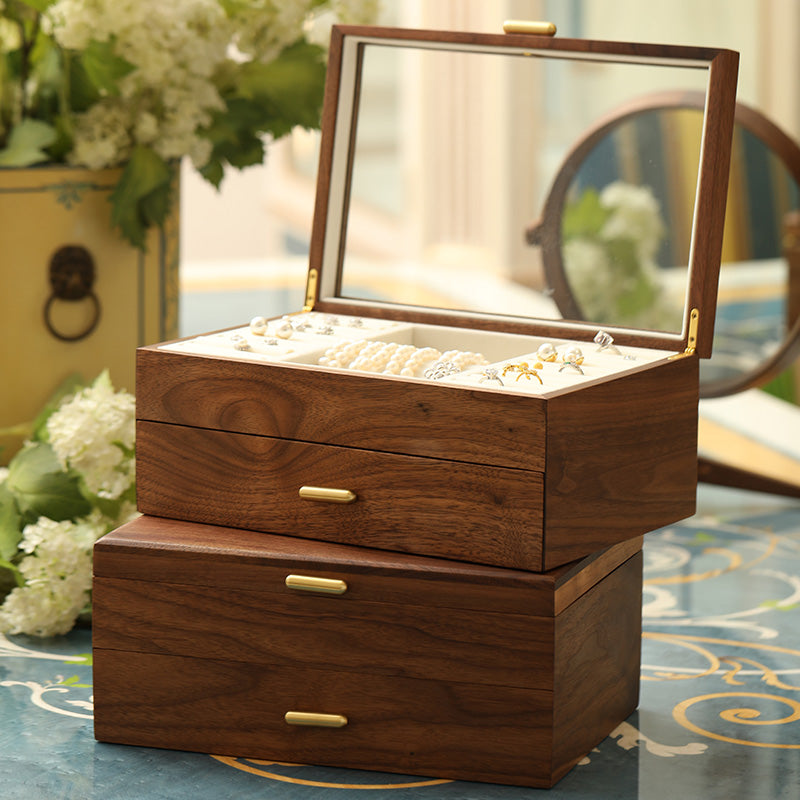 Walnut Jewelry Box with Sliding Drawers