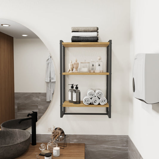 3-tier bathroom shelf and towel holder styled with towels and decorative items.