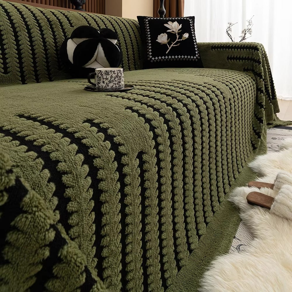 Striped Fringed Couch Cover | Plush Tufted Sofa Bedding