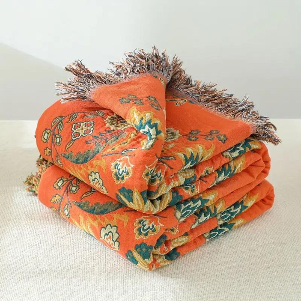Elegant Floral Throw Blanket | Woven Fringed Edges