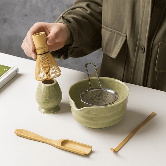 Person using a bamboo whisk over a green ceramic bowl with a metal sieve on a white surface.