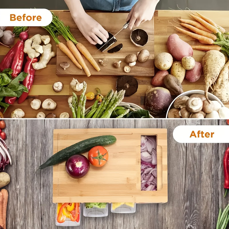 Bamboo Cutting Board | Kitchen Prep Station with Storage Trays & Graters