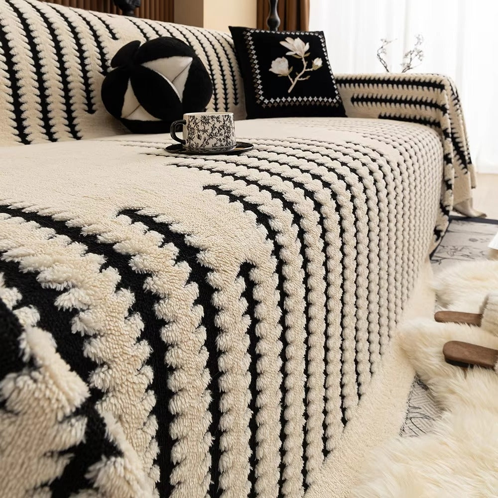 Striped Fringed Couch Cover | Plush Tufted Sofa Bedding
