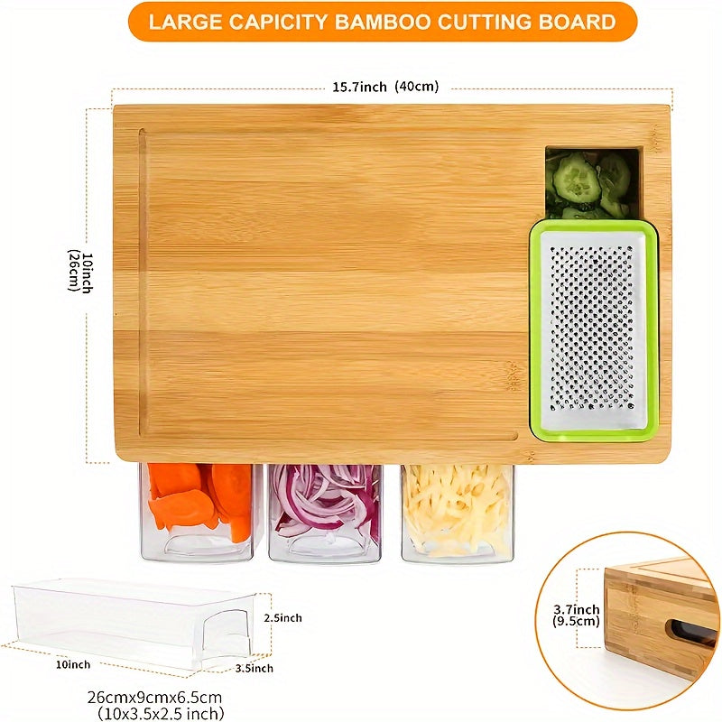 Bamboo Cutting Board | Kitchen Prep Station with Storage Trays & Graters
