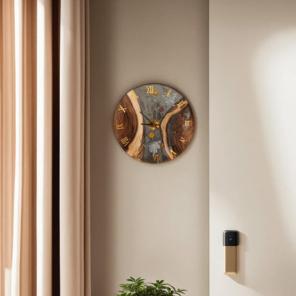 Walnut Wood Resin Floral Wall Clock
