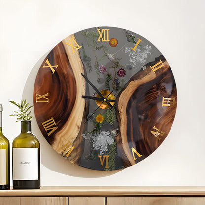 Walnut Wood Resin Floral Wall Clock