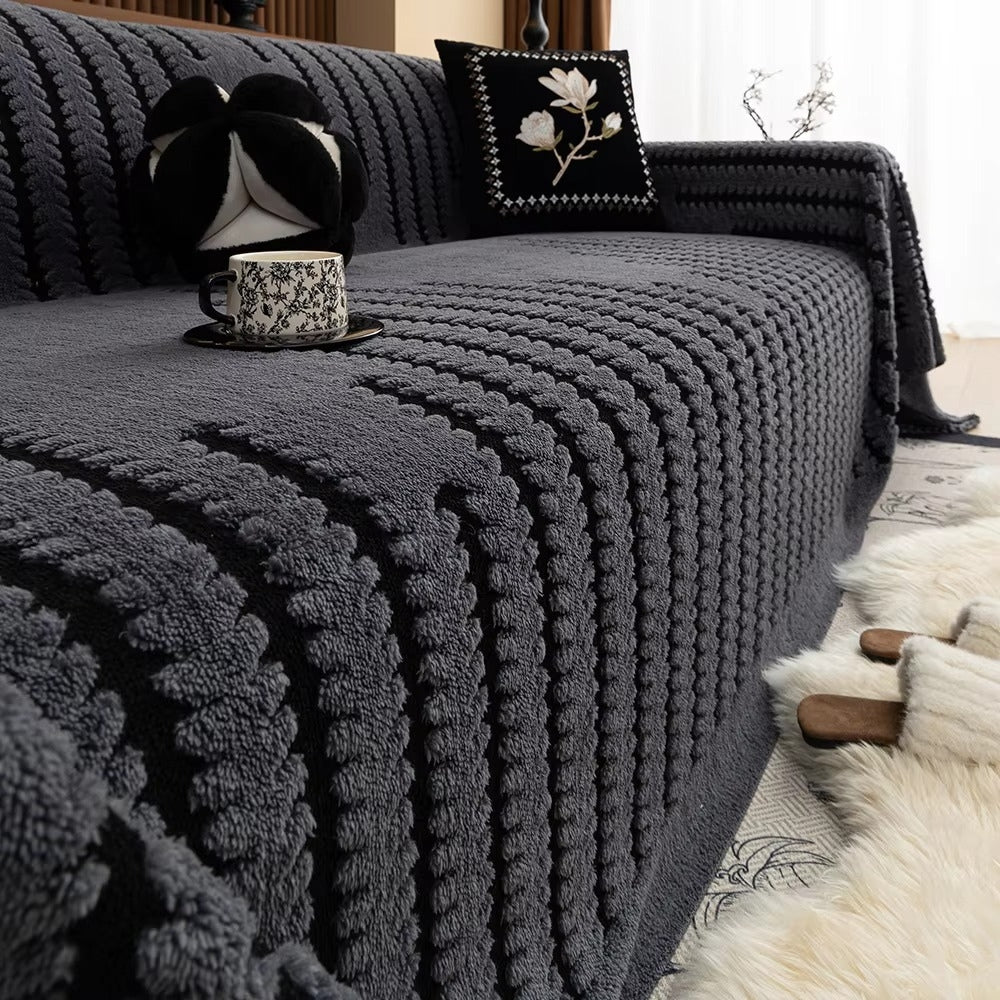 Striped Fringed Couch Cover | Plush Tufted Sofa Bedding