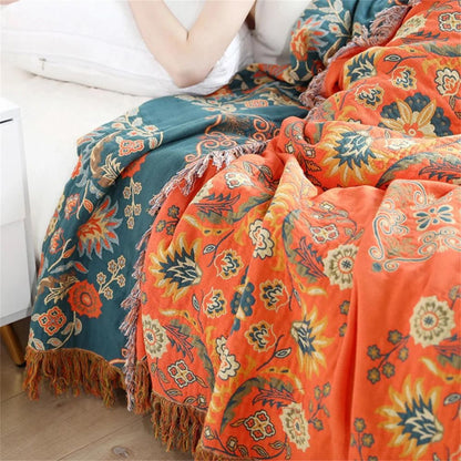 Elegant Floral Throw Blanket | Woven Fringed Edges