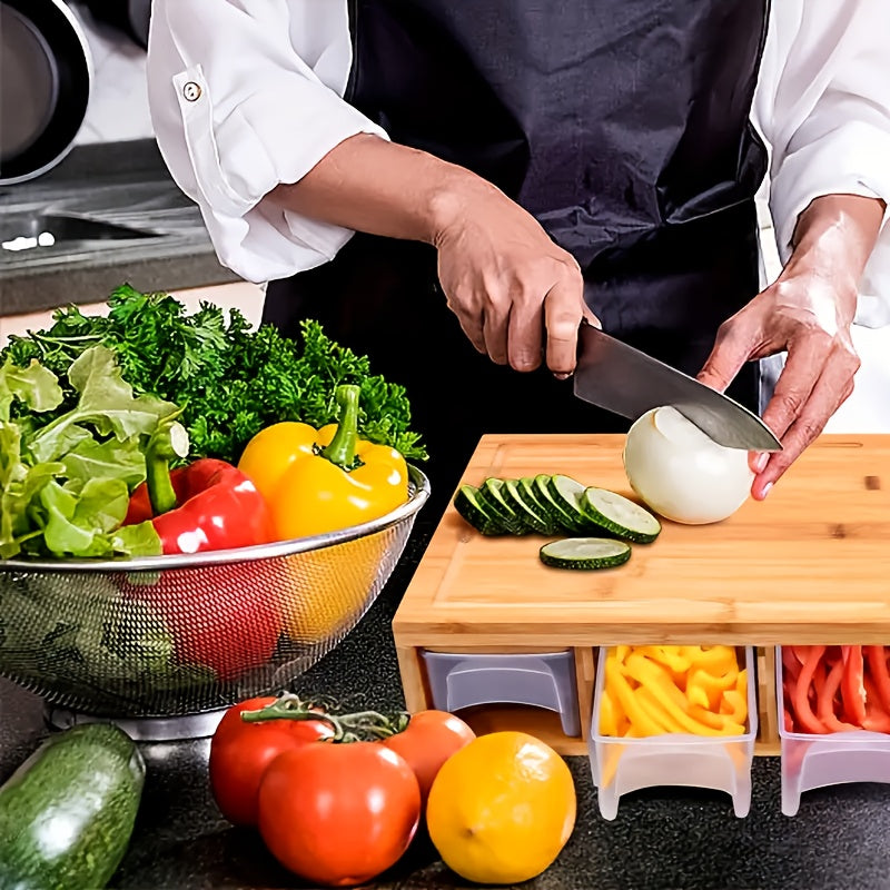 Bamboo Cutting Board | Kitchen Prep Station with Storage Trays & Graters