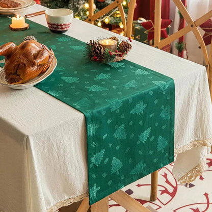 Green Christmas Table Runner | Dark Patterned Fabric