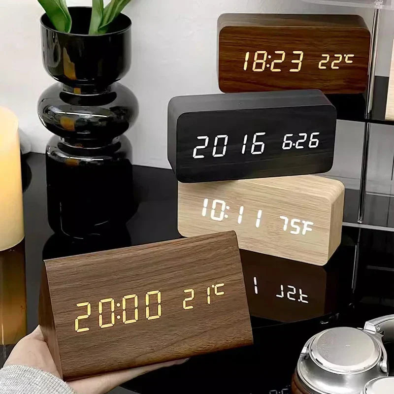 Smart LED Alarm Clock | Voice-Activated Modern Wooden Clock