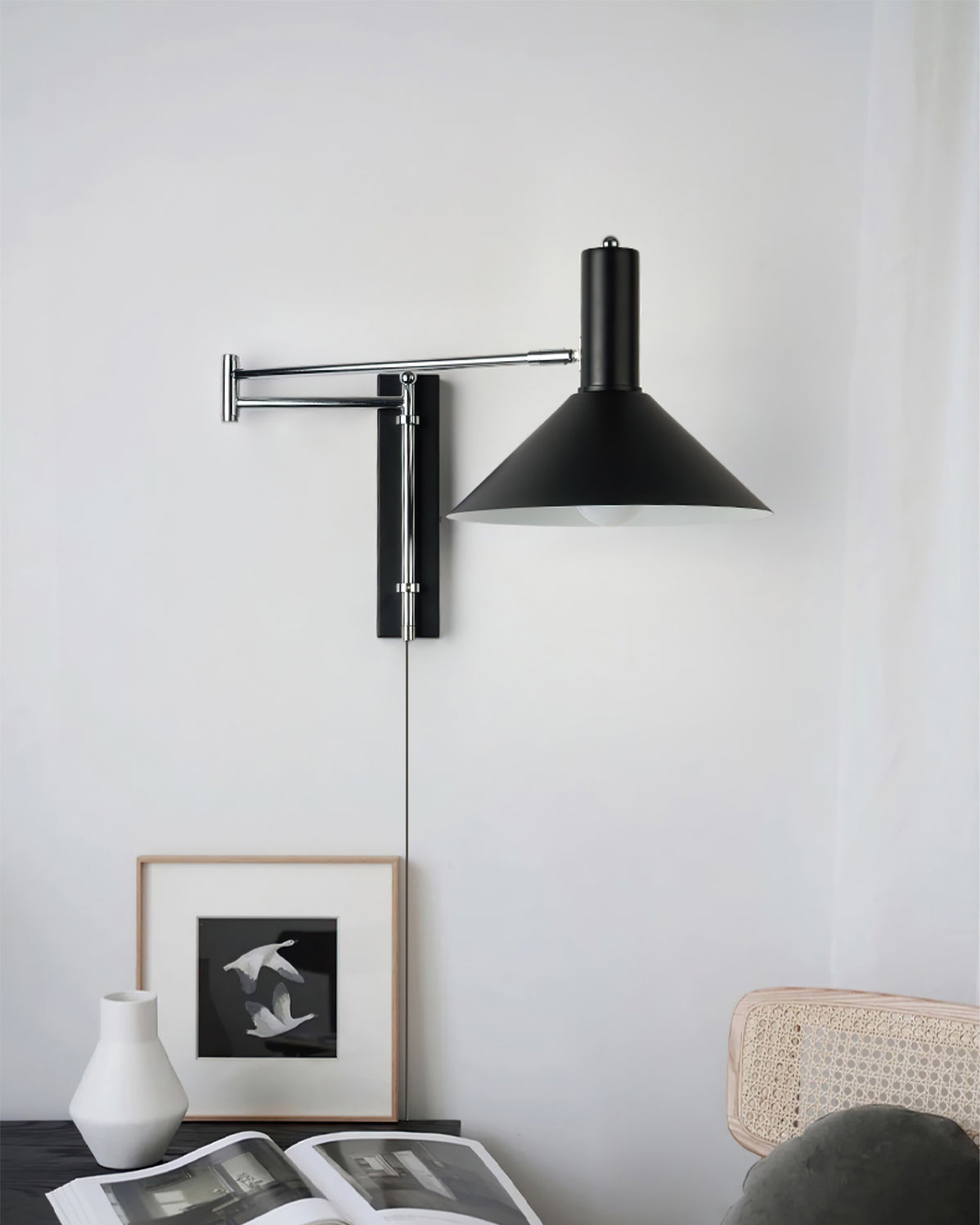 Retro Wall Light | Angled Cone Shade Plug In Swing Arm Sconce