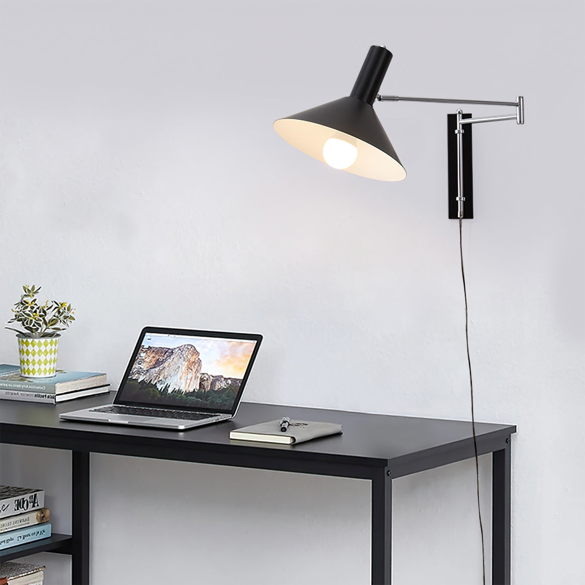 Retro Wall Light | Angled Cone Shade Plug In Swing Arm Sconce