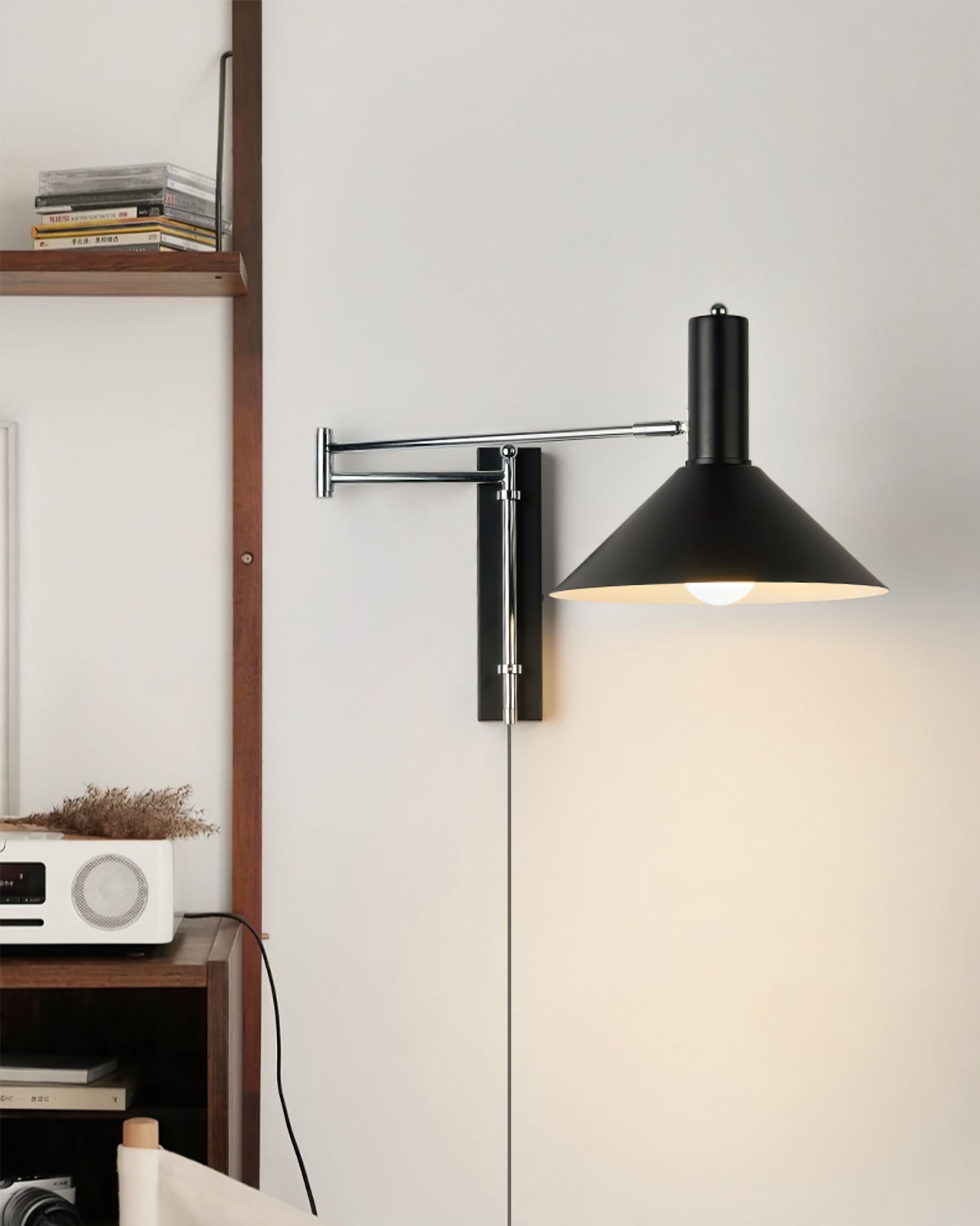 Retro Wall Light | Angled Cone Shade Plug In Swing Arm Sconce