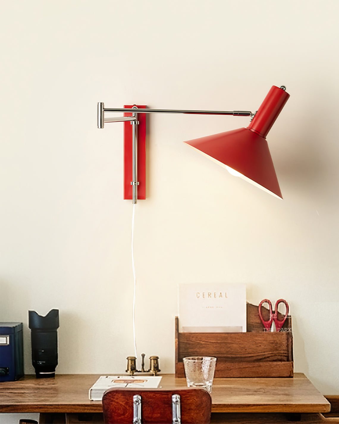 Retro Wall Light | Angled Cone Shade Plug In Swing Arm Sconce
