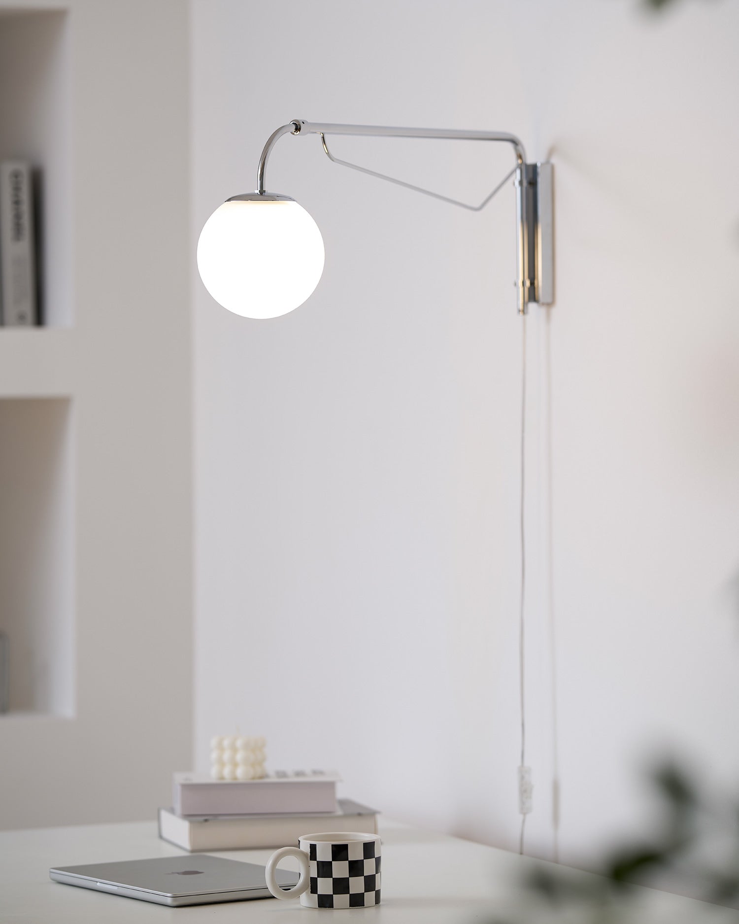 Modern Wall Light | Long Reach Curved Arm Plug In Dome Sconce