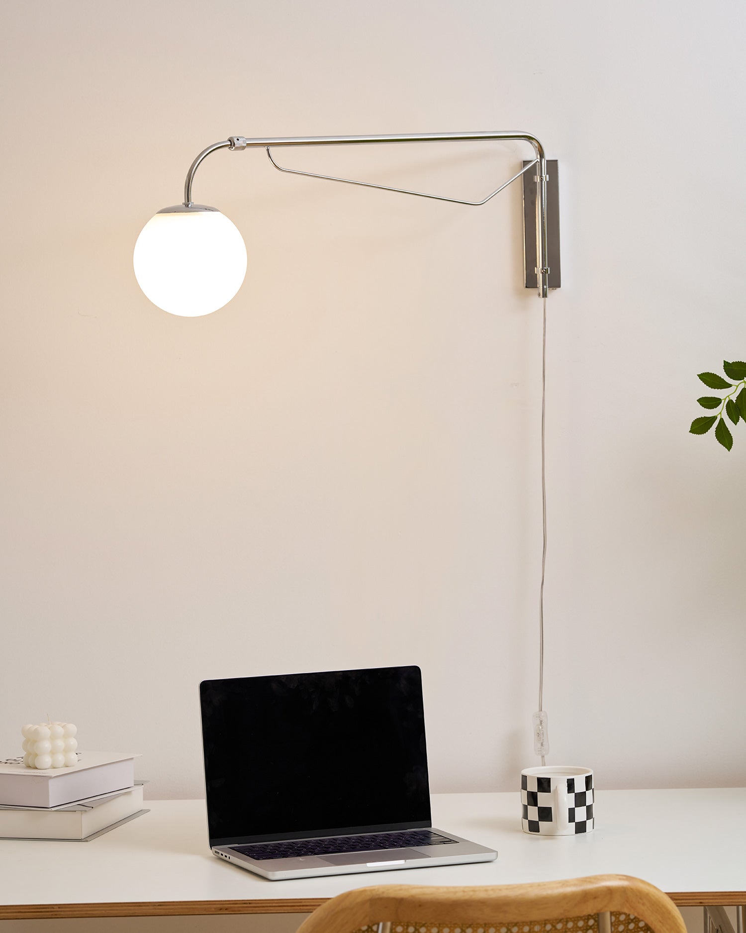 Modern Wall Light | Long Reach Curved Arm Plug In Dome Sconce
