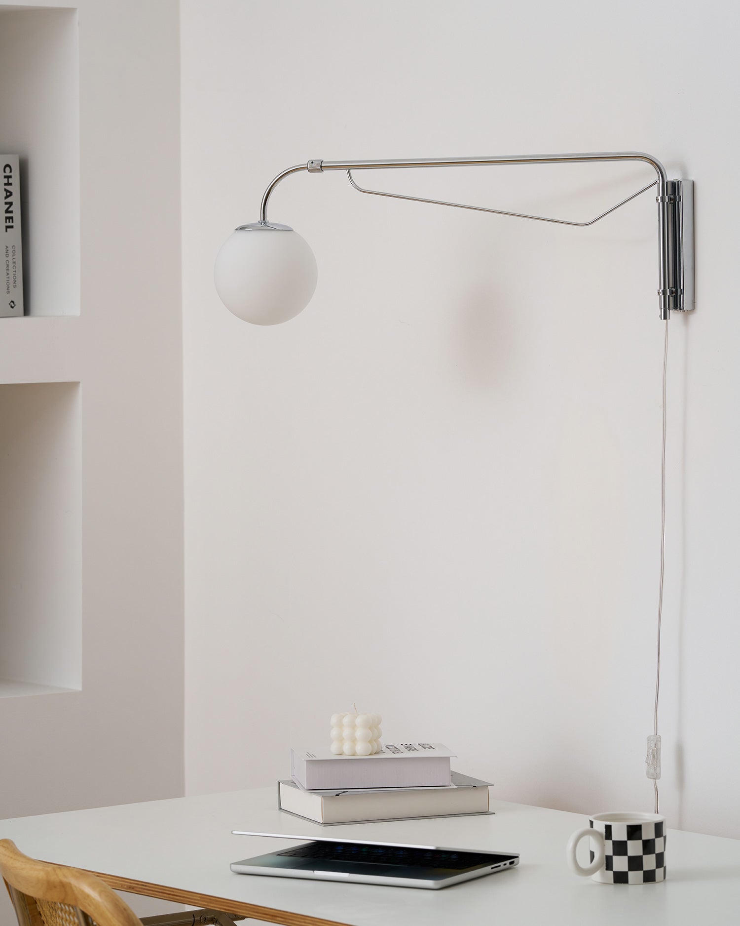 Modern Wall Light | Long Reach Curved Arm Plug In Dome Sconce