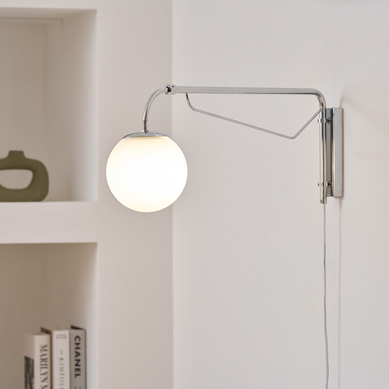Modern Wall Light | Long Reach Curved Arm Plug In Dome Sconce