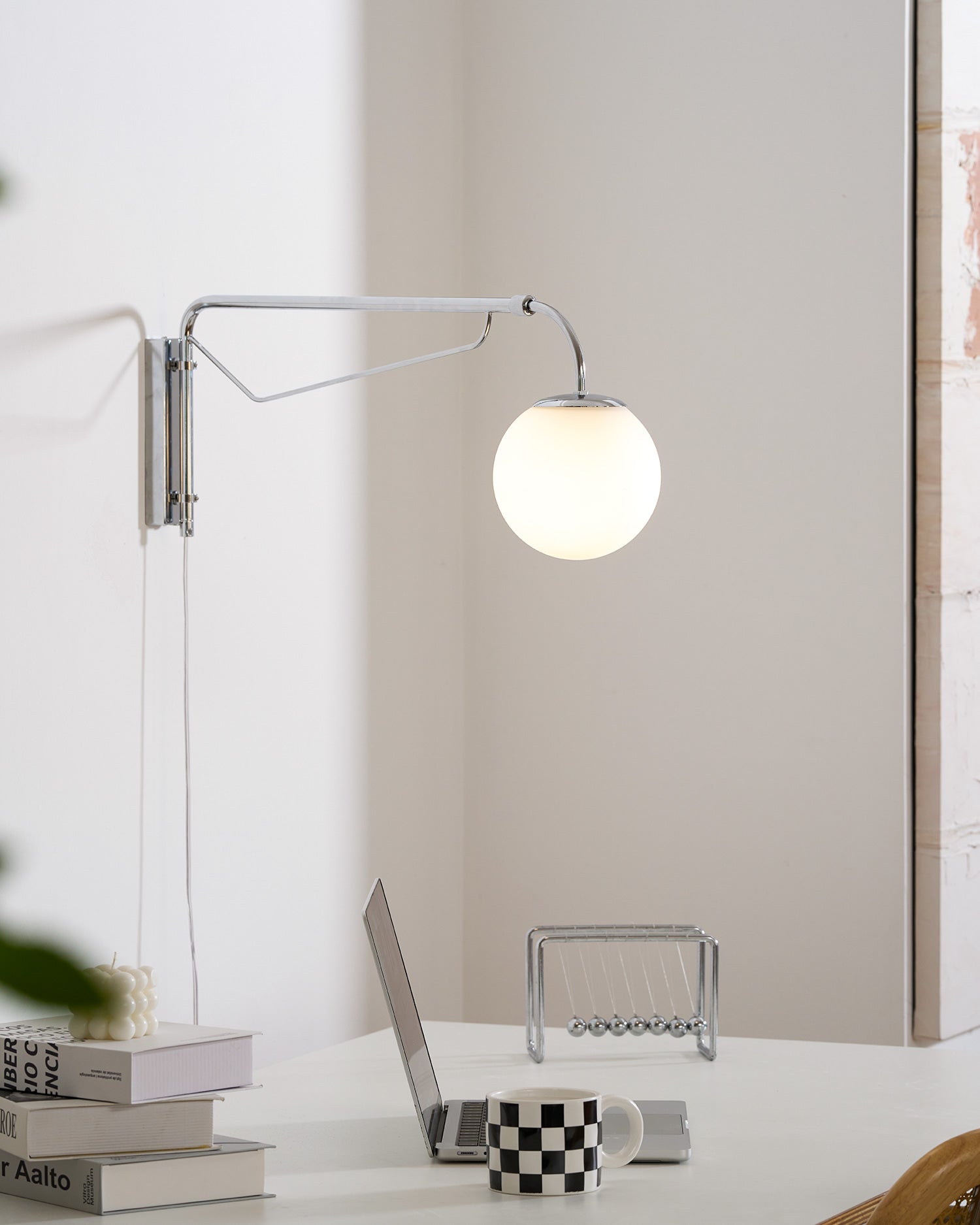 Modern Wall Light | Long Reach Curved Arm Plug In Dome Sconce