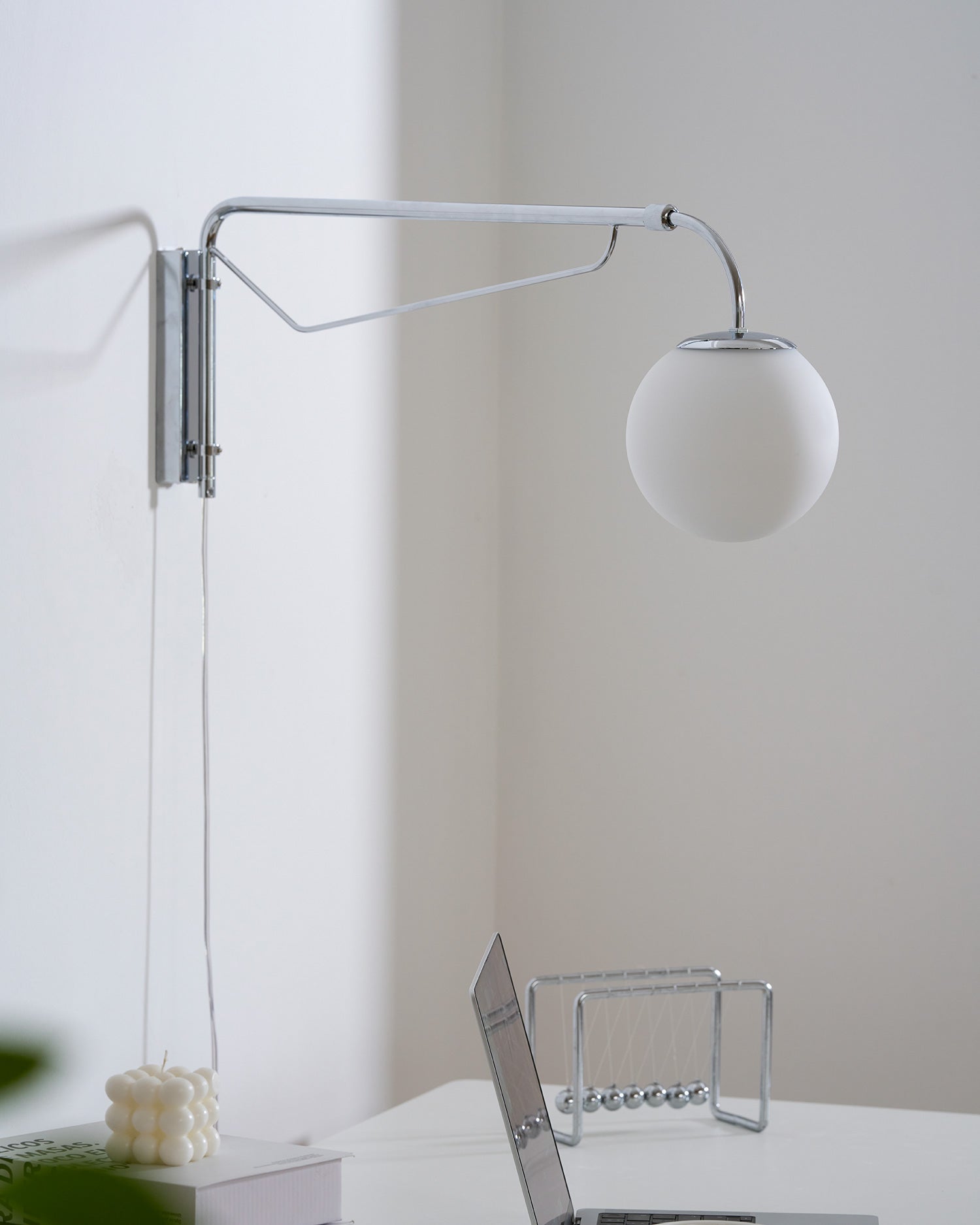 Modern Wall Light | Long Reach Curved Arm Plug In Dome Sconce