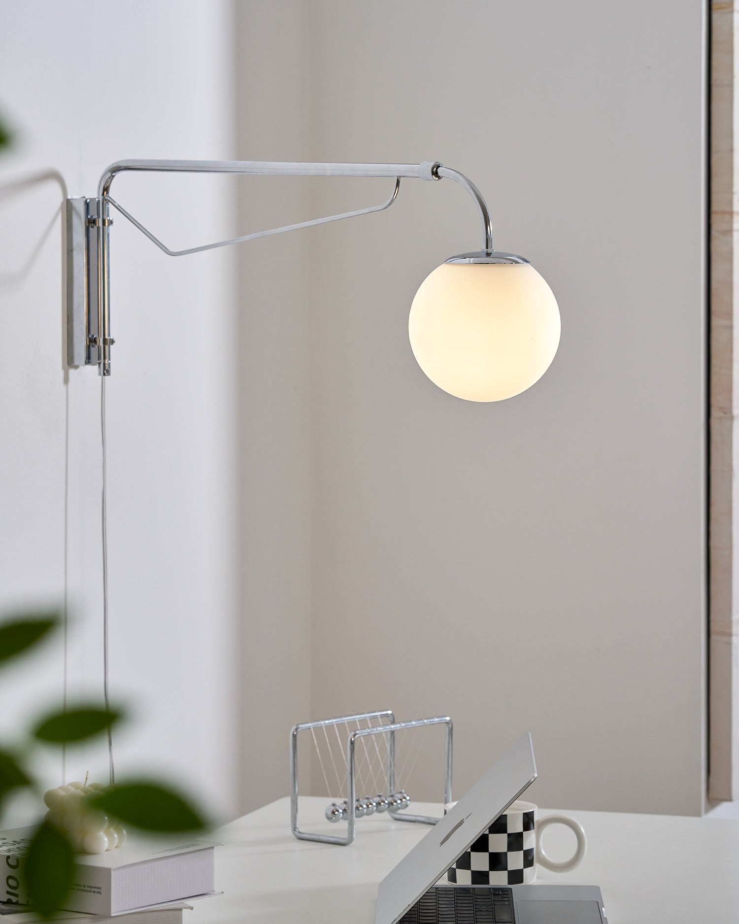 Modern Wall Light | Long Reach Curved Arm Plug In Dome Sconce