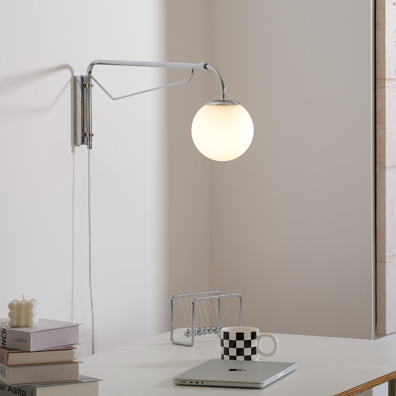 Modern Wall Light | Long Reach Curved Arm Plug In Dome Sconce