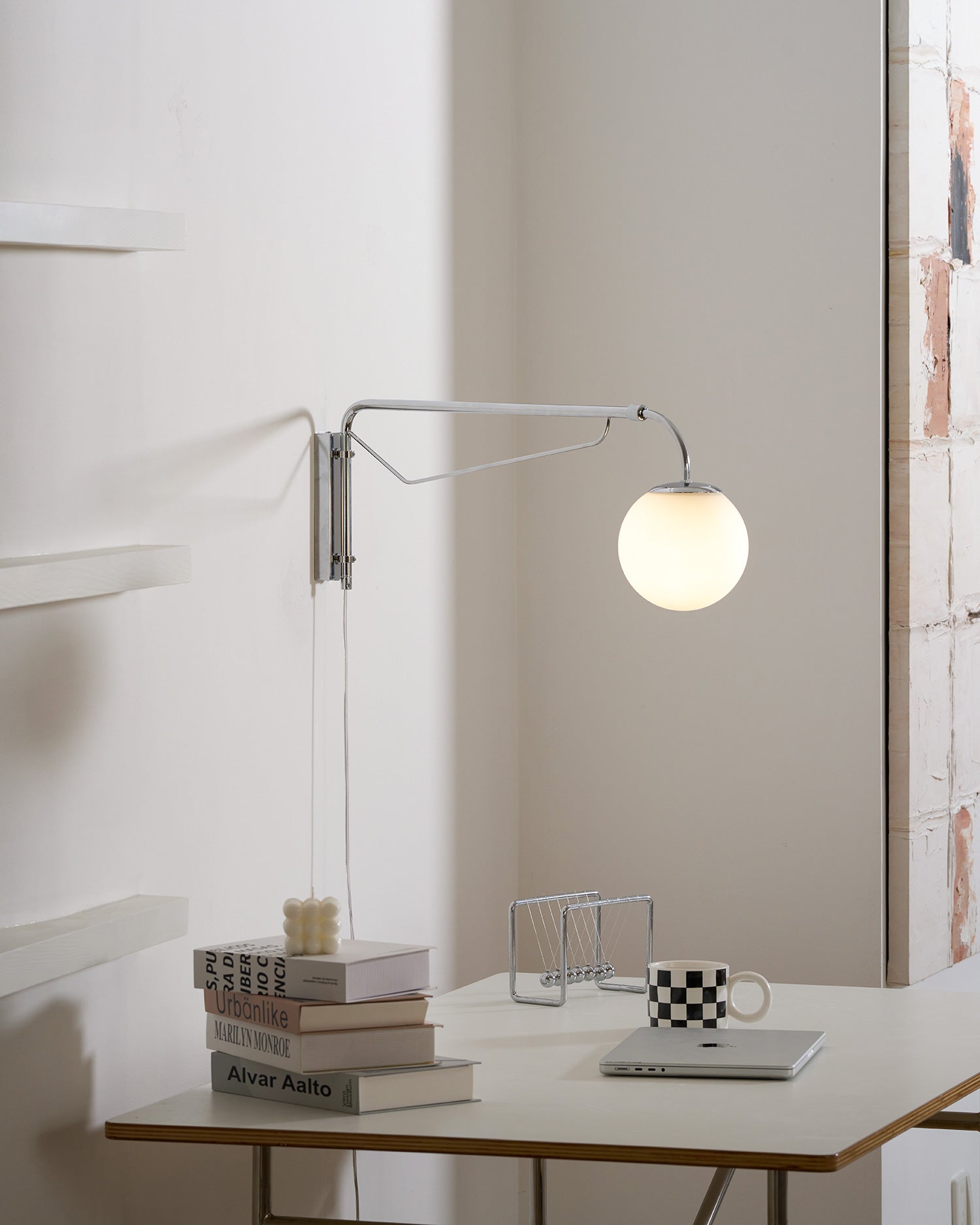 Modern Wall Light | Long Reach Curved Arm Plug In Dome Sconce