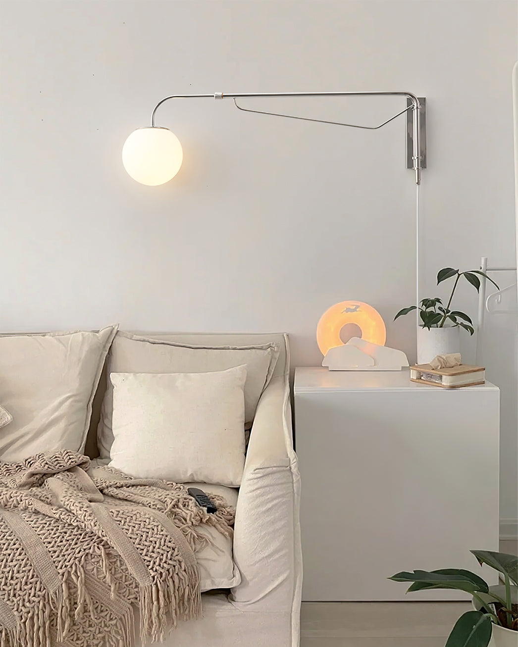 Modern Wall Light | Long Reach Curved Arm Plug In Dome Sconce