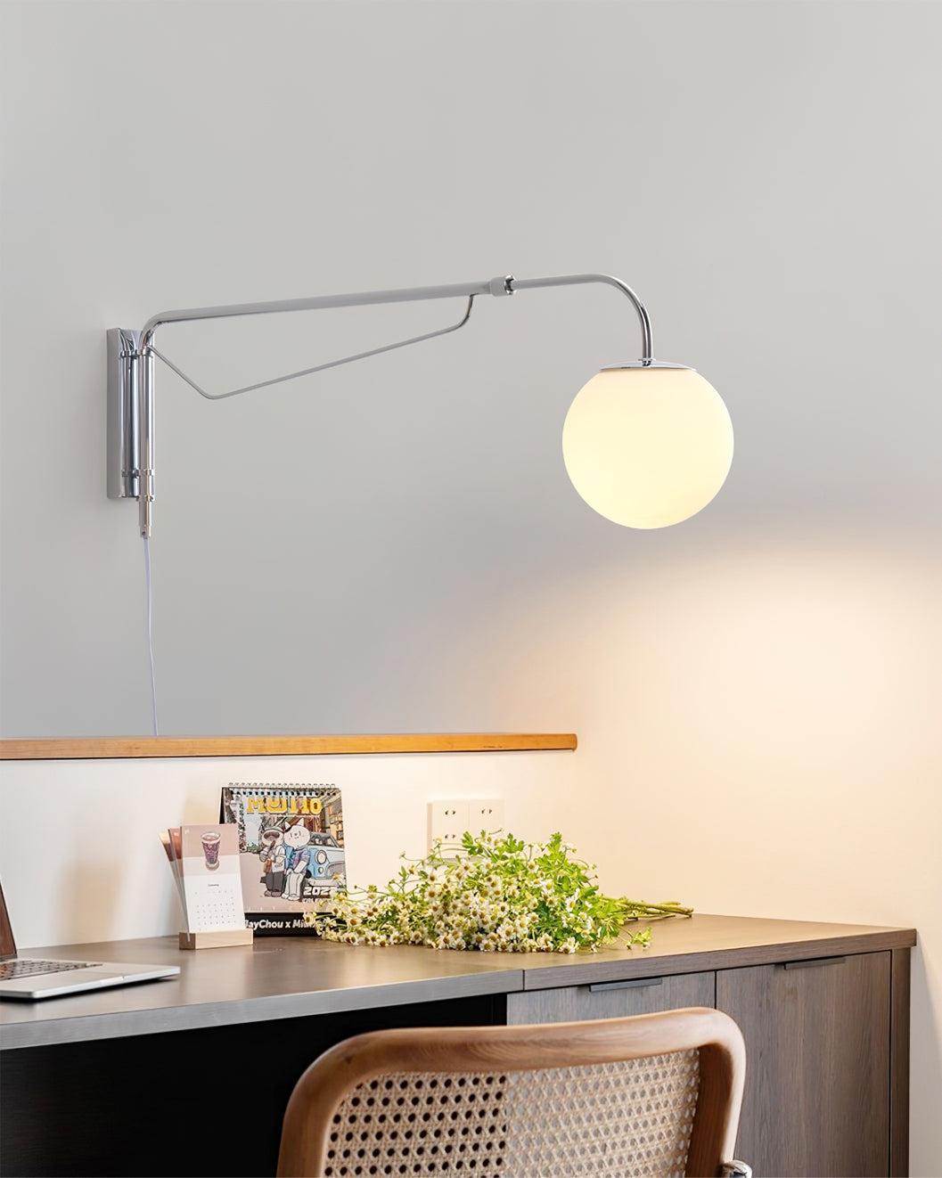 Modern Wall Light | Long Reach Curved Arm Plug In Dome Sconce