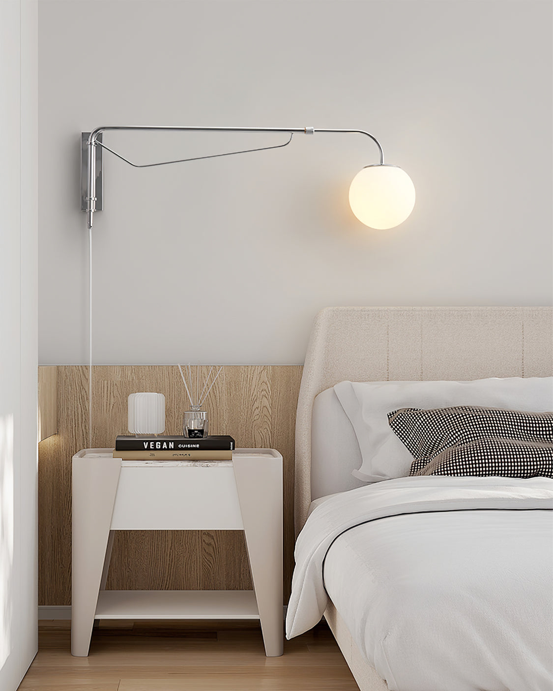 Modern Wall Light | Long Reach Curved Arm Plug In Dome Sconce