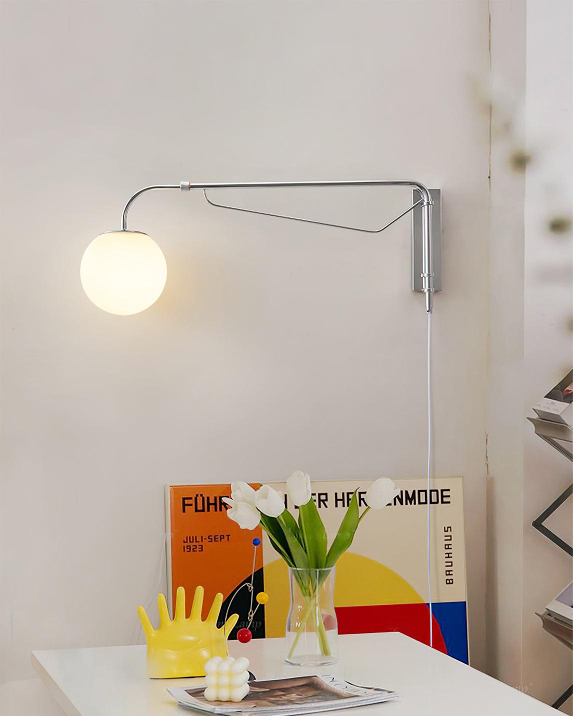 Modern Wall Light | Long Reach Curved Arm Plug In Dome Sconce