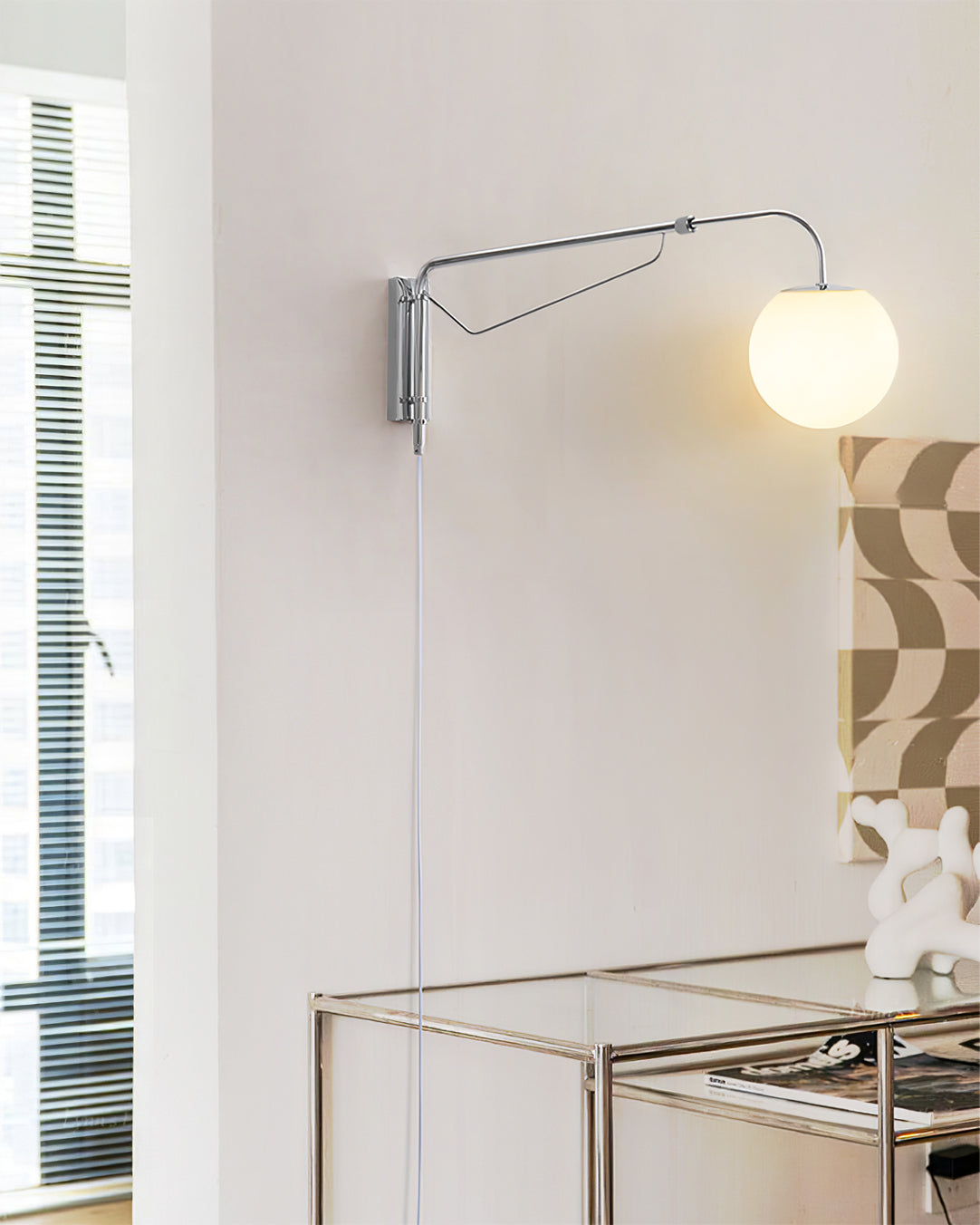 Modern Wall Light | Long Reach Curved Arm Plug In Dome Sconce