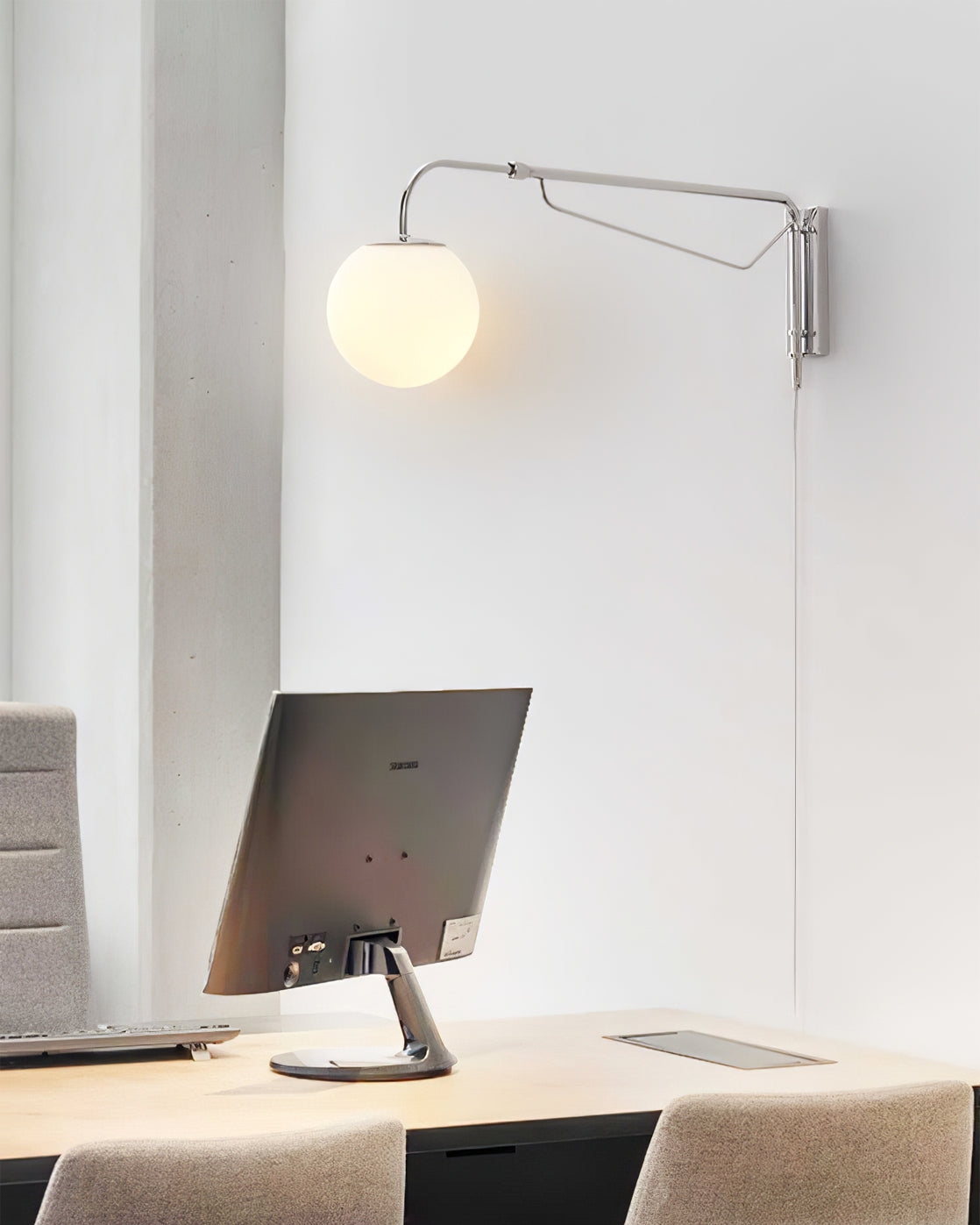Modern Wall Light | Long Reach Curved Arm Plug In Dome Sconce