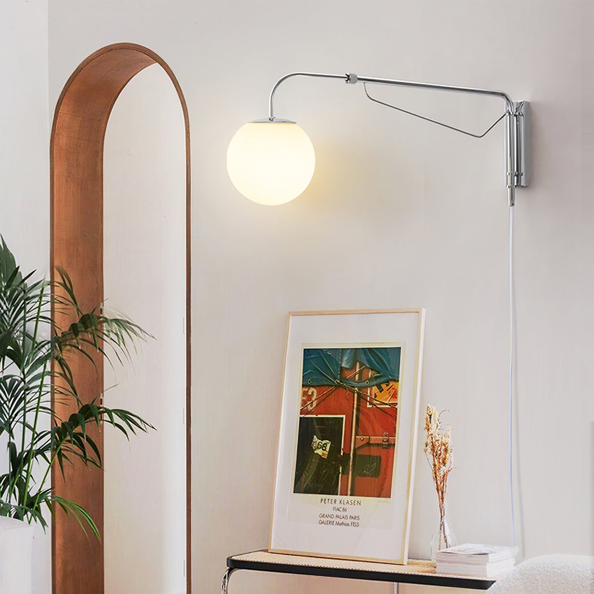 Modern Wall Light | Long Reach Curved Arm Plug In Dome Sconce