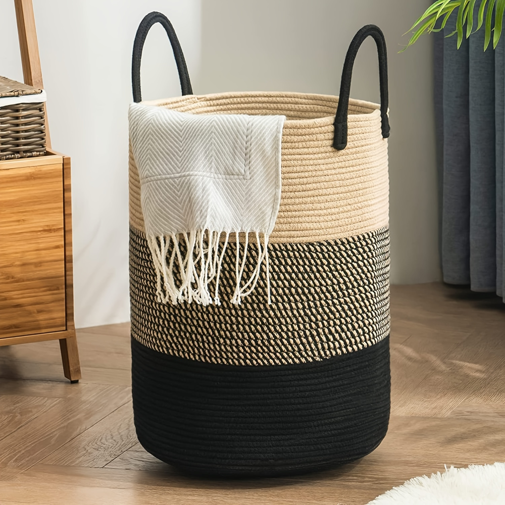 Braided Cotton Laundry Basket - 58L Capacity, Foldable & Portable Hamper 0