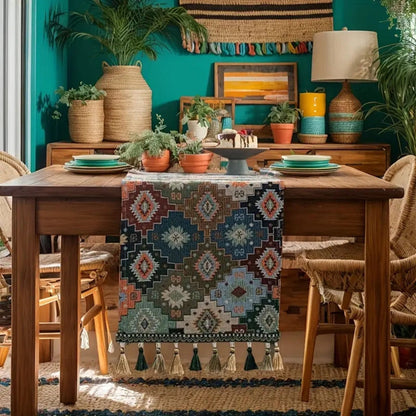 Geometric Table Runner | Colorful Pattern with Tassels