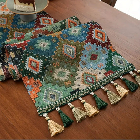 Geometric Table Runner | Colorful Pattern with Tassels