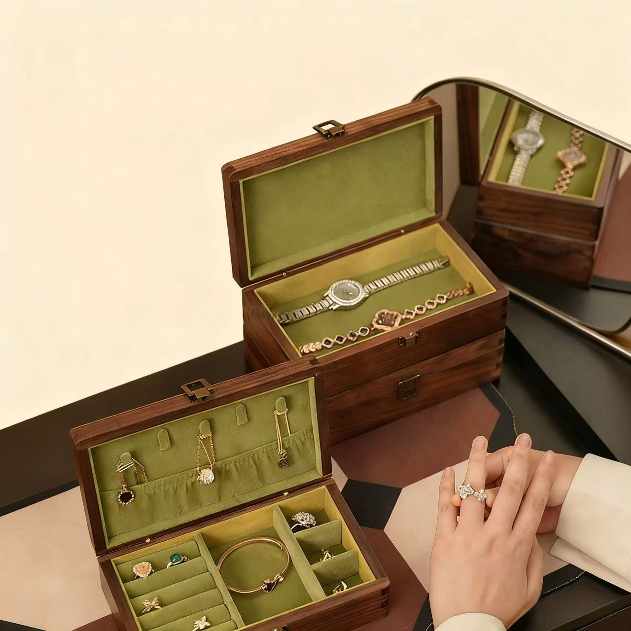 Emerald minimalist walnut jewelry box