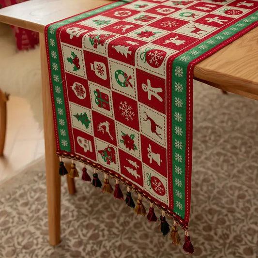 Red Christmas Table Runner | Geometric Holiday Pattern