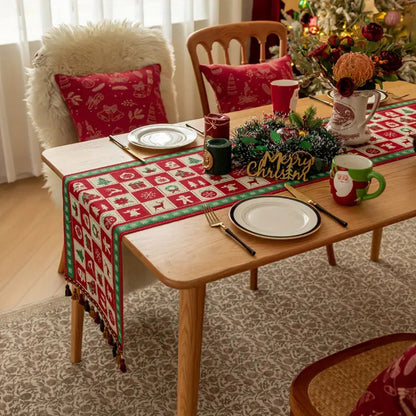 Red Christmas Table Runner | Geometric Holiday Pattern