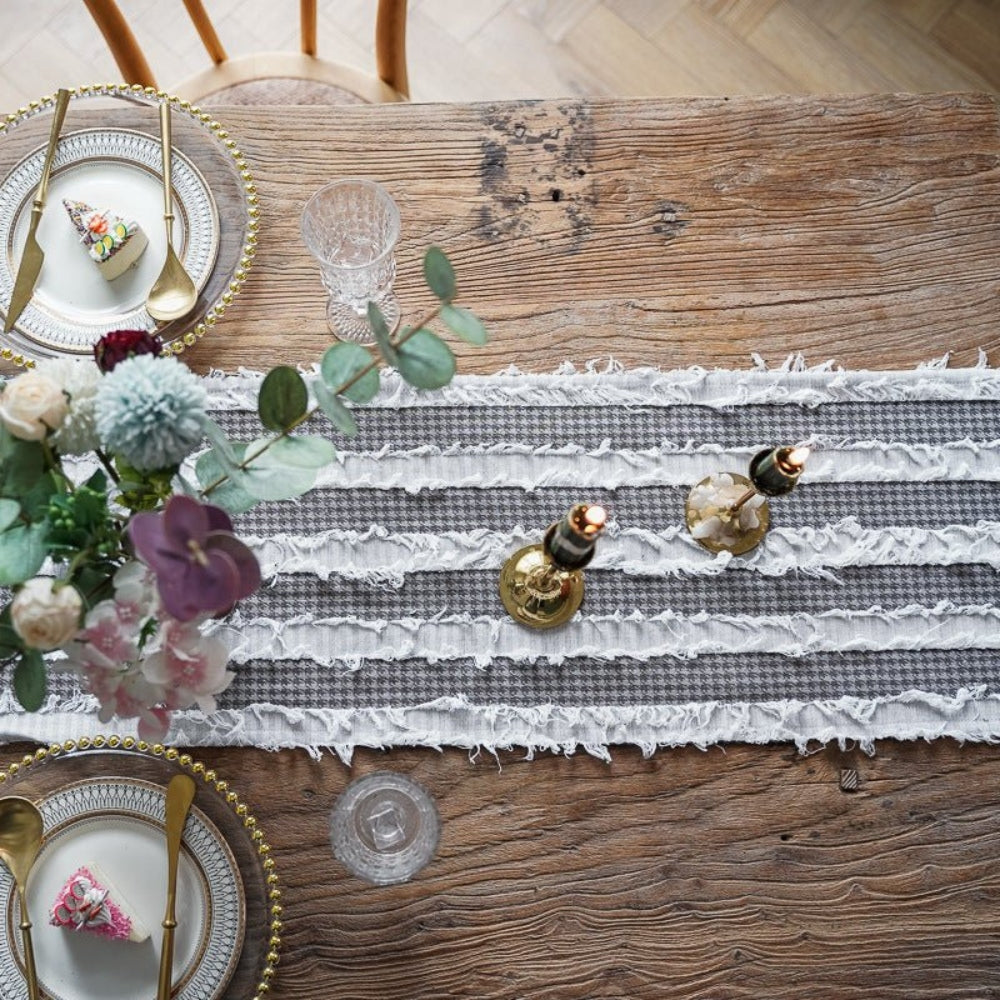 Striped Table Runner | Black and White Frayed Fabric