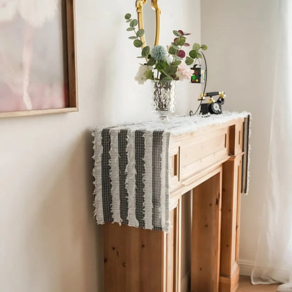 Striped Table Runner | Black and White Frayed Fabric