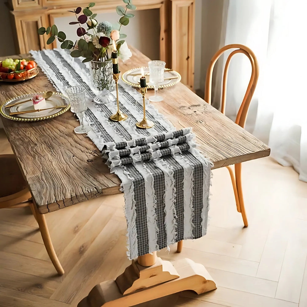Striped Table Runner | Black and White Frayed Fabric